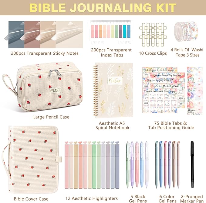Bible Study Supplies Journaling Kit for Women with Bible Cover Case, Christmas Christian Gifts for Women, Bible Study Tools Accessories Set with Highlighters Pens, Pencil Case Notebook Annotation Kit