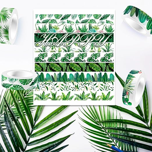 12 Rolls Greenery Washi Tape Set, Summer Tropical Leaves Masking Tape, Green Plants Cactus Succulents Decorative Tape Sticker for Scrapbook Journal DIY Craft Gift Wrapping 16.4FT