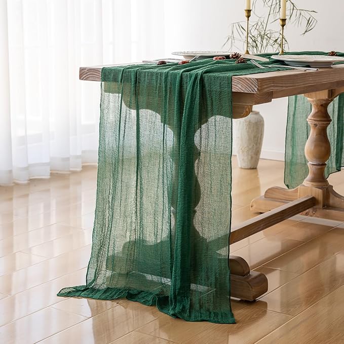 Keketoarrange Emerald Green Table Runner Cheesecloth Gauze 120 Inch 10 FT Rustic Boho Cheese Cloth Table Decor for Wedding Baby Bridal Shower Party Long Sheer Vintage Spring Home Decorations