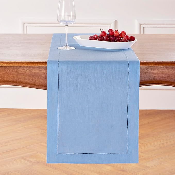 Solino Home Linen Cornflower Blue Table Runner 90 Inches Long - 100% Pure Linen Hemstitch 14 x 90 Inch Table Runner for Dining, Spring, Easter - Classic Hemstitch