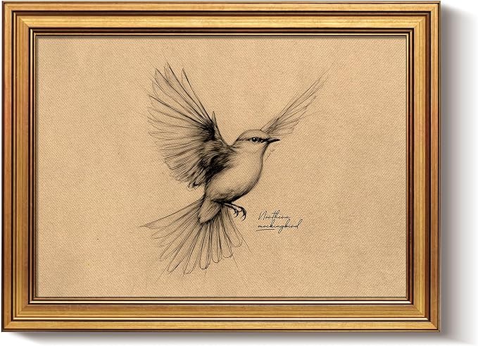 Bzstyleart Vintage Wall Art Decor,Framed Vintage Wall Decor Texas State Bird,Anthropologie Art,Birds Canvas Prints Home Decor,Sketch Painting Picture for Living Room Decor,12L x 16W