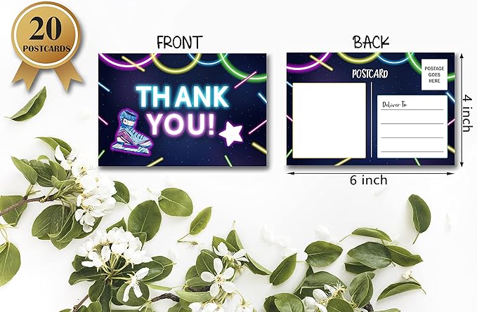 Birthday Thank You Postcards, Neon Roller Skating Thank You Cards for Kids Girls Boys Birthday Party, Baby Shower Party, Set of 20 (A05)