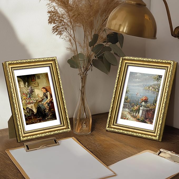 eletecpro 5x7 Picture Frames Set of 4, Vintage Gold Photo Frames with Glass, Displays 4x6 Photo with Mat or 5x7 without Mat for Tabletop or Wall Decor, Gold
