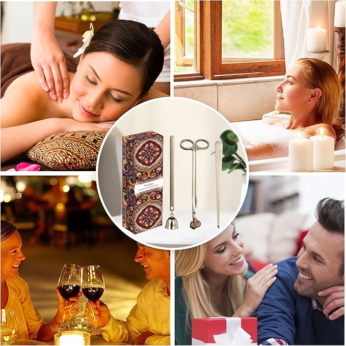 3-in-1 Candle Accessory Set - Wick Trimmer, Dipper, Cutter & Snuffer with Gift Package (Gold)
