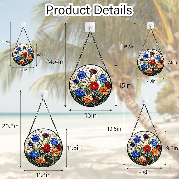 Stained Glass Suncatcher, Colorful Flowers Green Leaf Sun Catcher Landscape Stain Glass Window Hanging Decoration Mother's Day Birthday Gifts for Women Men Mom Nana 6.3 in
