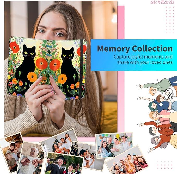 Photo Album 4x6-120 Photos Capacity,PU Leather Cover with Elastic Band,High Definition Waterproof PP Pages for Family Wedding Anniversary Baby Record,Black Cat Wildflower