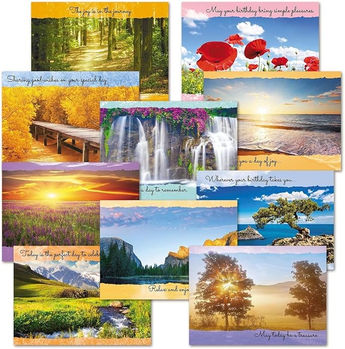 Current Scenic Inspirations Happy Birthday Greeting Card Set - Value Pack of 20 Cards With White Envelopes, 10 Designs, Large 5" x 7" Assortment