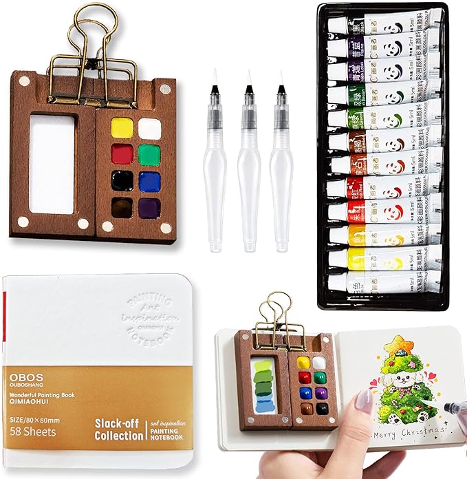 Mini Watercolor Paint Set Portable, Travel Grid Paint Palette Box with Binder Clips Include Paint, Brush*3 and Picture Album Art Materials Coloring Markers (Brown Wood-S)