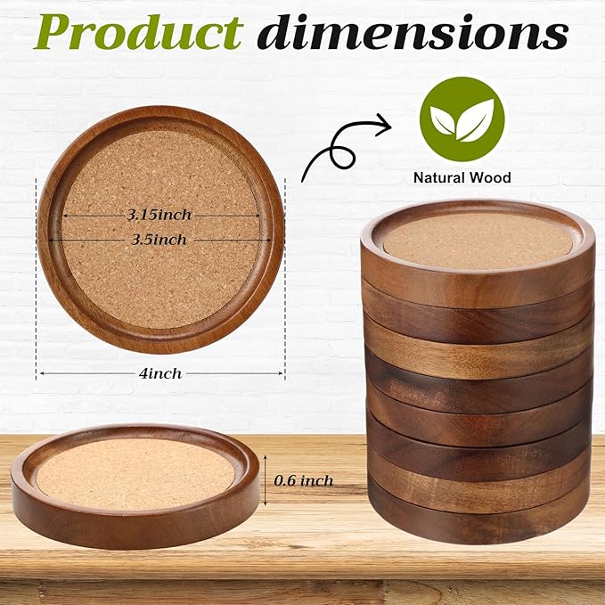 Zhehao 16 Pcs Acacia Wood Coasters Bulk 4 Inch Wooden Stackable Reusable Drink Coasters for Coffee Tea Table Protection Table Bar Home Desk Supplies Housewarming Gifts(Soft Cork)