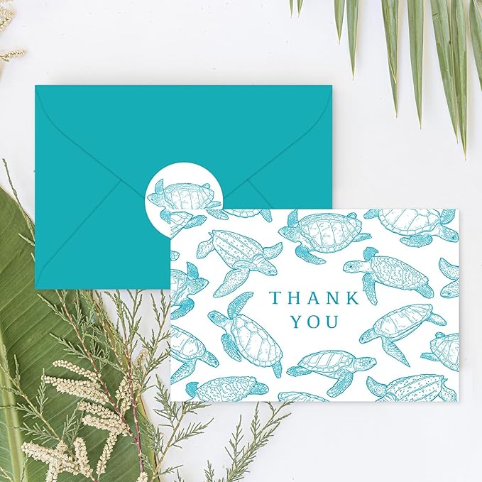 Whaline 24 Pack Ocean Thank You Card Greeting Cards with Envelopes Stickers Teal Sea Turtle Blank Note Cards for Summer Birthday Baby Shower Party Supplies