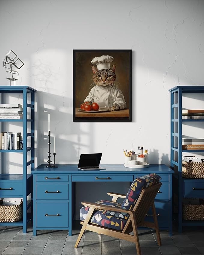 Chef Portrait Art Poster Print, Cat Kitten Painting Humor Portrait Pet Artwork Decor Gallery A8 (Chef, 16 x 20 inches, Black Frame)