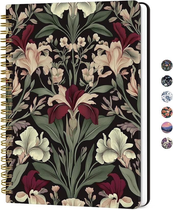 Lined Spiral Journal for Women, A5 Hardcover Cute Notebook for Work & Note Taking, Aesthetic Pretty Journal for Writing, 140 Pages, 6"x8", Dark Botanica
