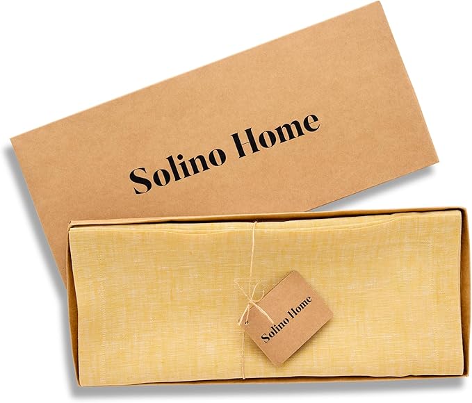 Solino Home Linen Small Table Runner 60 Inches - Athena, 100% Pure Linen Chambray Mustard Yellow Table Runner 14 x 60 Inch Ideal for Dresser and Coffee Tables, Spring, Easter