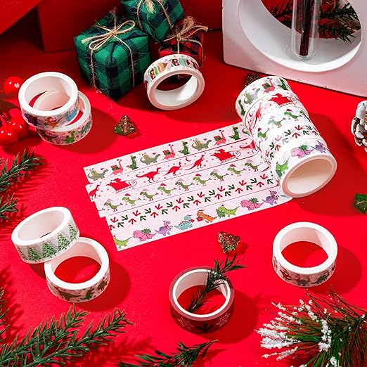 Christmas Dinosaur Washi Tape - 12 Rolls Dinosaur Footprints Christmas Trees Designs, Free Adhesive for Gift Wrapping, Scrapbook, Kids Crafts, Photo Albums, Journal Decor & DIY Projects