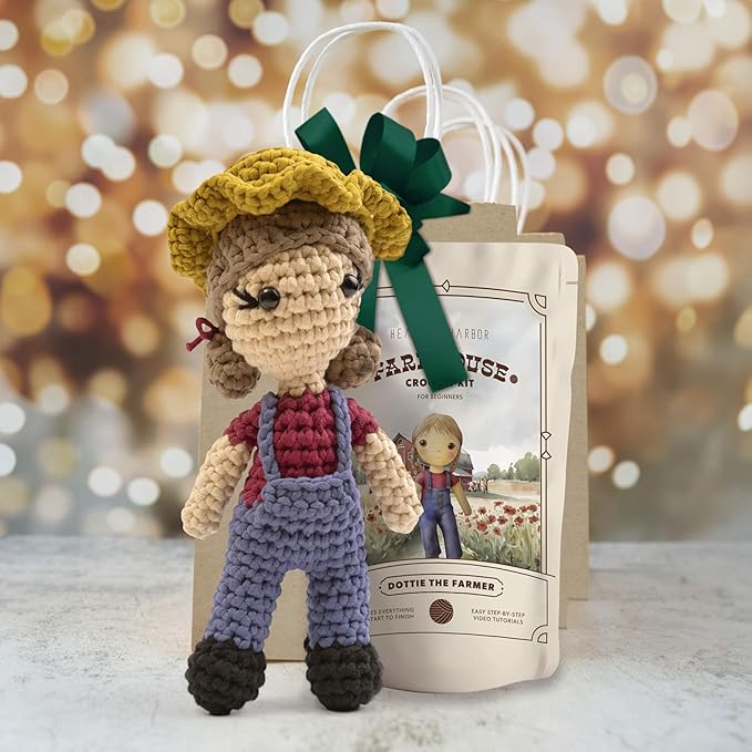 Amigurumi Crochet Kit for Beginners Adults and Kids, Learn to Crochet Kits for Adults Beginner with Easy Yarn, Stuffed Crochet Animal Kit with Step-by-Step Video Tutorials – Dottie the Farmer