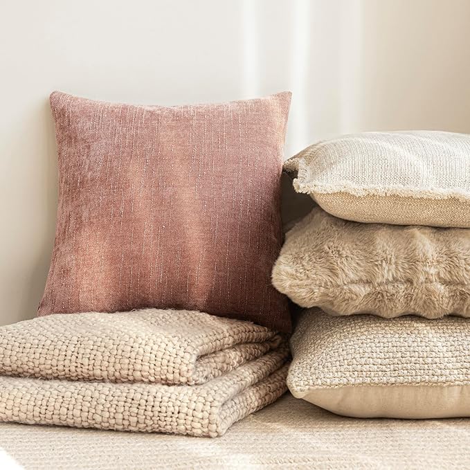 Foindtower Pack of 2 Textured Chenille Throw Decorative Pillow Covers Square Accent Solid Cushion Cover Neutral Farmhouse Pillow Case for Couch Sofa Bedroom Living Room 26x26 Inch,Dusty Pink