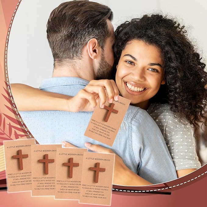 Bucherry 120 Set Pocket Hug Token Bulk Hug Greeting Cards with Mini Wooden Cross Greeting Cards Keepsake Exchange Card Relationship Gift for Friends Colleagues Family Christians Church Gifts (Brown)