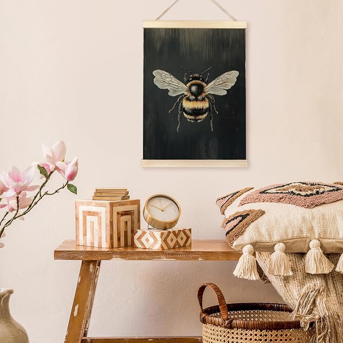 bitCNY Realistic Bee Wall Art – 12x16 Inch Vintage Insect Print, Nature Bumblebee Poster on Dark Background for Farmhouse or Botanical Décor