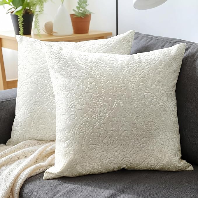 Encasa XO Luxury Embossed Velvet Throw Pillow Covers - Plush Cushion Covers for Elegant Living Rooms & Bedrooms, Machine Washable, 18"x18" Cream | Set of 2 | Covers Only No Insert