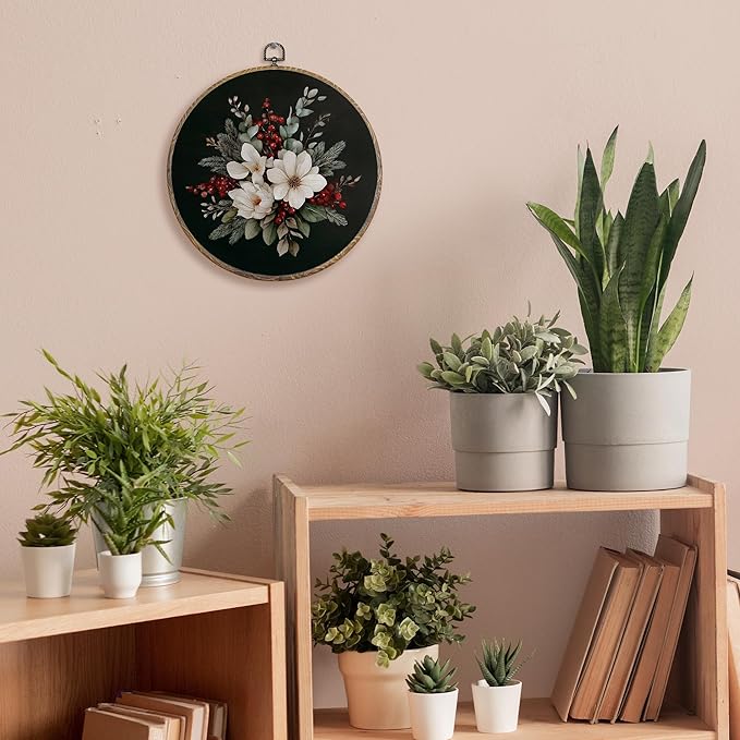 FUGWN Vintage Christmas Bouquet Floral Round Wall Art Decor Framed, Winter Christmas Canvas Artwork Prints, Rustic Moody Xmas Flower Wall Hanging Decorations for Home Bedroom Living Room, 10x10 Inch