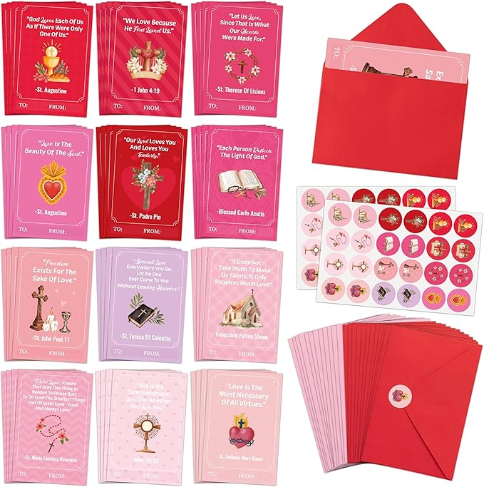 TICIAGA 144pcs Valentine's Day Catholic Church Greeting Cards with Envelop Retro Religious Sticker for Kid Bible Books Notecard Exchange Gifts for Boys and Girls Christian School Classroom Party Favors