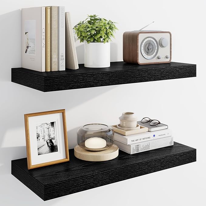 Marsmiles 24" Floating Shelves for Wall, Wooden Shelves with Invisible Brackets Set of 2, Rustic Farmhouse Wall Mounted Shelf for Kitchen Bathroom Living Room Study, Black