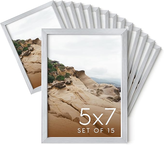 HAUS AND HUES 5x7 Silver Metal Picture Frames - Bulk Frames 5X7 - Features Premium Aluminum, Vertical Hanging, Easel Back for Tabletop, Home, Office (5x7 in, Silver, Set of 15)