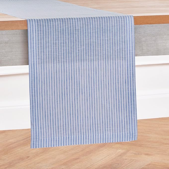 Solino Home Linen Table Runner 60 Inches - Narrow Stripe 100% Pure Linen Cornflower Blue and White Farmhouse Table Runner 14 x 60 Inch Ideal for Dresser and Coffee Tables - Winter, Spring, Easter