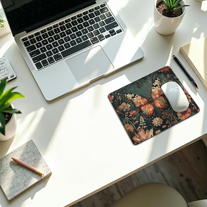Moody Floral Butterfly Mouse Pad, Dark Contemporary Botanical Butterfly Mouse Pads Mousepad for Desk Home Office Dorm Laptop, Gothic Nature Office Supplies Desk Accessories, 9.5x7.9 Inch