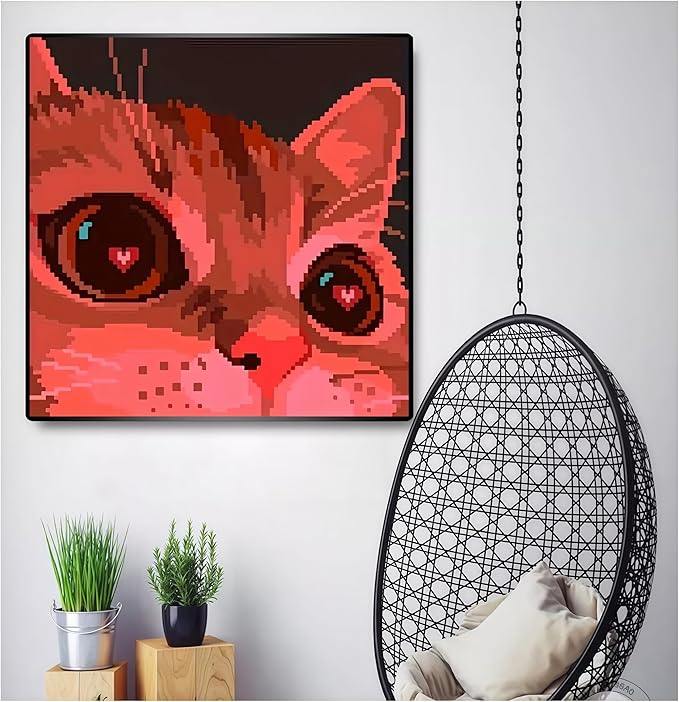 Red Cute Cat 5D DIY Diamond Painting Kits for Adults, Diamond Art Kits for Beginners, Full Drill Dot Painting Gem Art Kits for Home Wall Decor13.78 x13.78 Inch