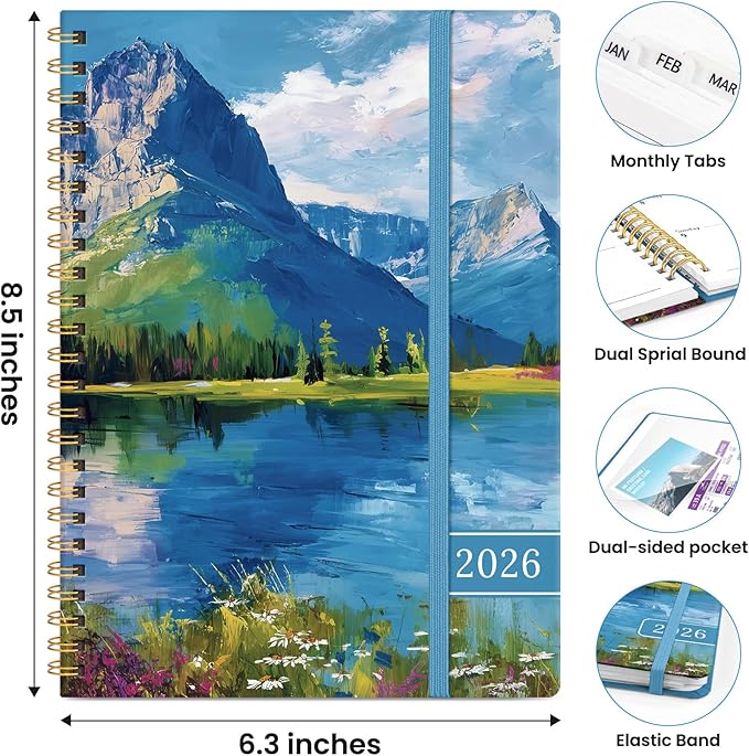2026 Planner, Weekly and Monthly Planner for Women, January 2026 to December 2026, Pretty Hardcover 2026 Calendar Planner Book with Tabs, Inner Pocket, Spiral Bound, Perfect Office Home School Supplies - 6.3" x 8.5", Summer Valley