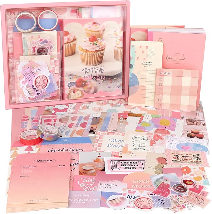 Draupnir Pink Cute Kawaii Aesthetic Scrapbook Kit(348pcs), Bullet Junk Journal Kit with Journaling/Scrapbooking Supplies, Stationery,A6 Grid Notebook with Graph Ruled Pages DIY Gift for Teen Girl