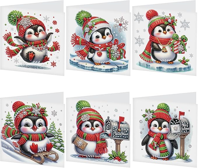 Focart Christmas Penguin Greeting Cards, Set of 6, Special Shaped Diamonds Painting, DIY Handcraft for Relatives and Friends with Wishes,Unique Design Crafting for Birthday or Holiday Cards