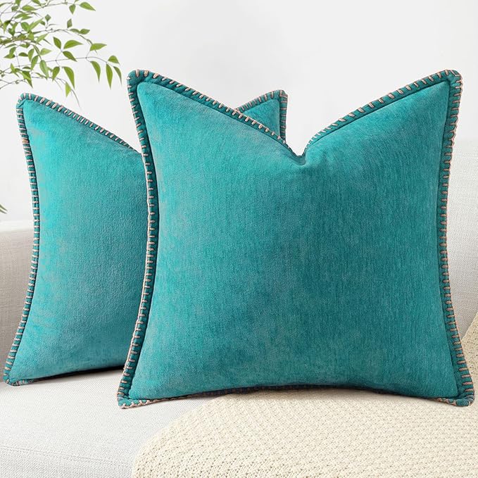 decorUhome Spring Chenille Soft Throw Pillow Covers 26x26 Set of 2, Farmhouse Velvet Neutral Decorative Euro Sham Pillow Covers with Stitched Edge for Couch Sofa Bed Home Decor, Turquoise