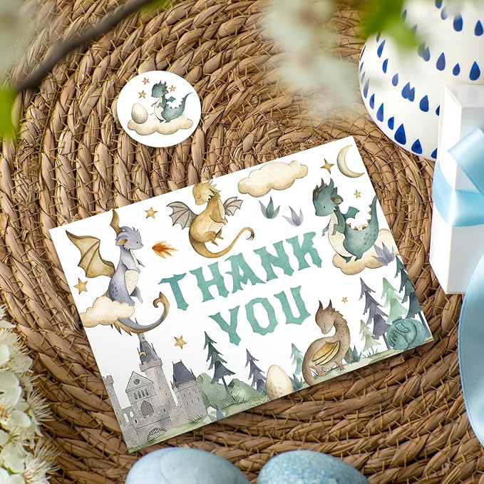 50 Pack Cartoon Dragon Baby Shower Thank You Cards Boxed Greeting Cards with Envelopes Stickers Blank Note Card for Birthday Party Supplies
