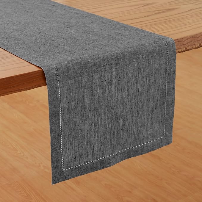 Solino Home Linen Table Runner 108 Inches Long - 100% Pure Linen Charcoal Grey Table Runner 14 x 108 Inch - Milan Hemstitch