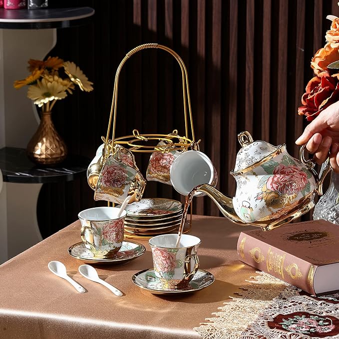 Zhehao 20 Pcs Porcelain Tea Set with Metal Holder and Spoon Adult Ceramic Tea Set European Flower Painting Teapot Cup Saucer Spoon for Women, Large Version(Bright Style)