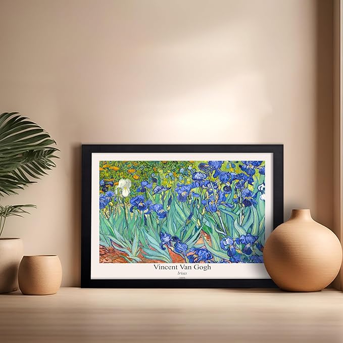 Monem Art Vintage Van Gogh Poster - Retro Irises Print - Impressionism Art - Floral Art - Fine Art - Flower Art - Classic Painting Art - Aesthetic Living Room Wall Decor - 16x20 Black Framed