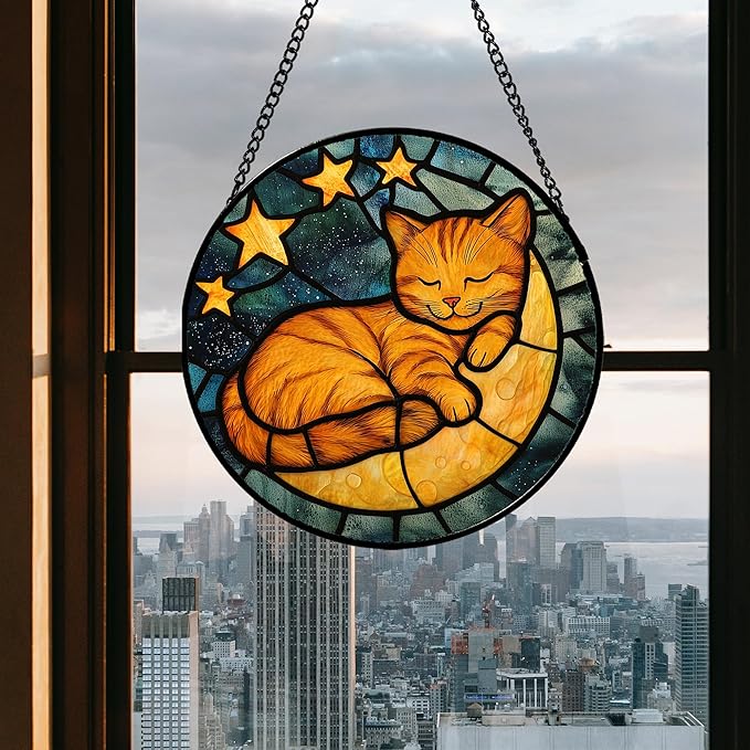 Stained Glass Window Hanging - Orange Cat Sun Catcher for Door Home Decor Stars and Moon Suncatcher Christmas Mother's Day Birthday Loss of a Pet Gifts for Women Men Mom Nana 9.8 in
