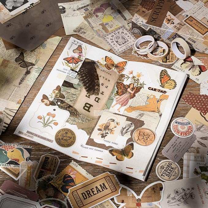 JOYCHOIC Vintage Scrapbooking Supplies Aesthetic Journaling Kit, Scrapbook Large Collection for Bullet Junk Journal, Arts Craft Collage, Beginners, Girls Ephemera Teenage Teens School