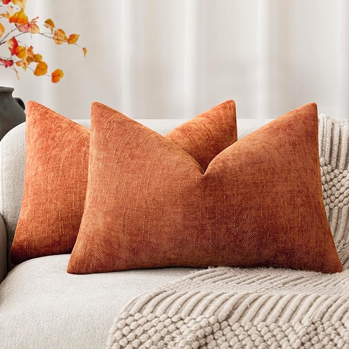 Foindtower Pack of 2 Textured Chenille Throw Decorative Pillow Covers Square Accent Solid Cushion Cover Neutral Farmhouse Lumbar Pillow Case for Couch Sofa Bedroom Living Room 12x20 Inch,Orange