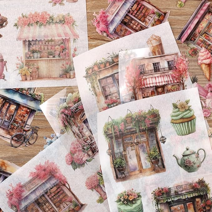 Coffee Shop Scrapbook Stickers 36 Sheets 200 Pre-Cut Washi Stickers for Journaling PET Transparent Sticker 18 Sheets Scrapbook Paper Decorative or DIY Crafts Arts and Crafting Projects