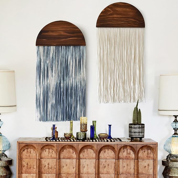2 Pcs Tie-dye Macrame Wall Hanging Boho Home Decor, Blue White Yarn Tassel Wall Art with Modern Wood Frame, Semicircle Design 13.7" W x 30" L Perfect for Living Room Bedroom Headboard Decoration