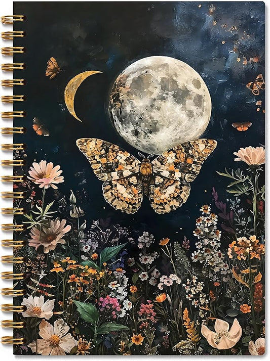 Vintage Floral Butterfly Celestial Moon Notebook, Mystical Witchy Luna Moth Journal, Dark Cottagecore Gothic Butterfly Spiral Notebook Journal, 5.5x8.3 Inch
