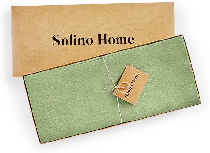 Solino Home Linen Table Runner 108 Inches Long - 100% Pure Linen Laurel Green Dining Table Runner 14 x 108 Inch for Spring, St Patricks Day, Easter - Fete