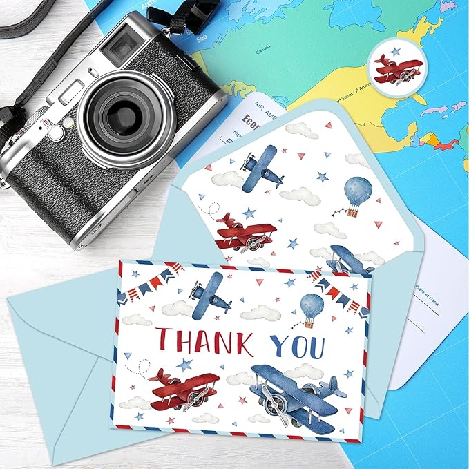 JarThenaAMCS 24 Pack Airplane Travel Thank You Card Greeting Cards with Envelopes Stickers Blank Note Card for Birthday Baby Shower Party Supplies