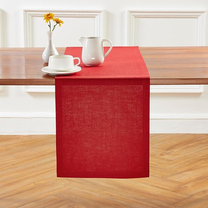 Solino Home Linen Table Runner 120 Inches Long - 100% Pure Linen Cherry Red Table Runner 14 x 120 Inch for Valentines - Diana Medium Weight