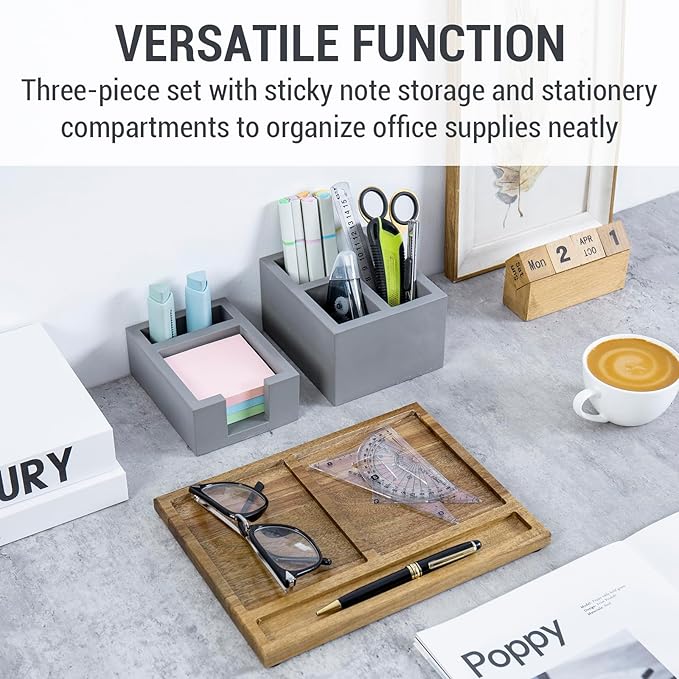 MyGift Modern Concrete Office Desktop Stationery Holder Set with Sticky Note Storage & Acacia Wood Tray – 3-Piece Desk Organizer