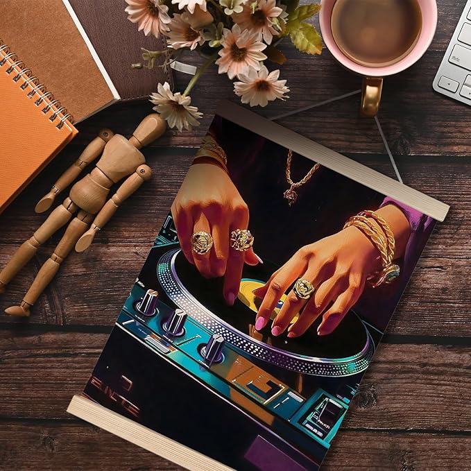 Trendy Black Woman Vinyl Record Canvas Wall Art Poster, Eclectic Vintage Pop Musician CD Record Wall Decor Prints for Music Room Studio Home Apartment, 12x16 Inches