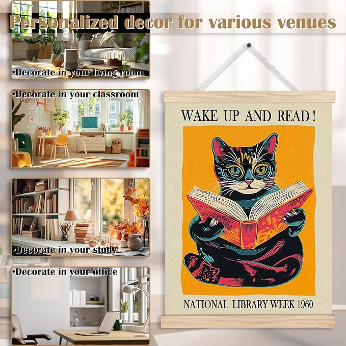 Vintage Cat and Book Wall Art, Book Posters, Library Reading Nook Decor, Wake Up and Read Cat Reading Canvas Wall Art Poster Hanger Frame for Reading Room Corner Classroom Decor, 12x16 Inch
